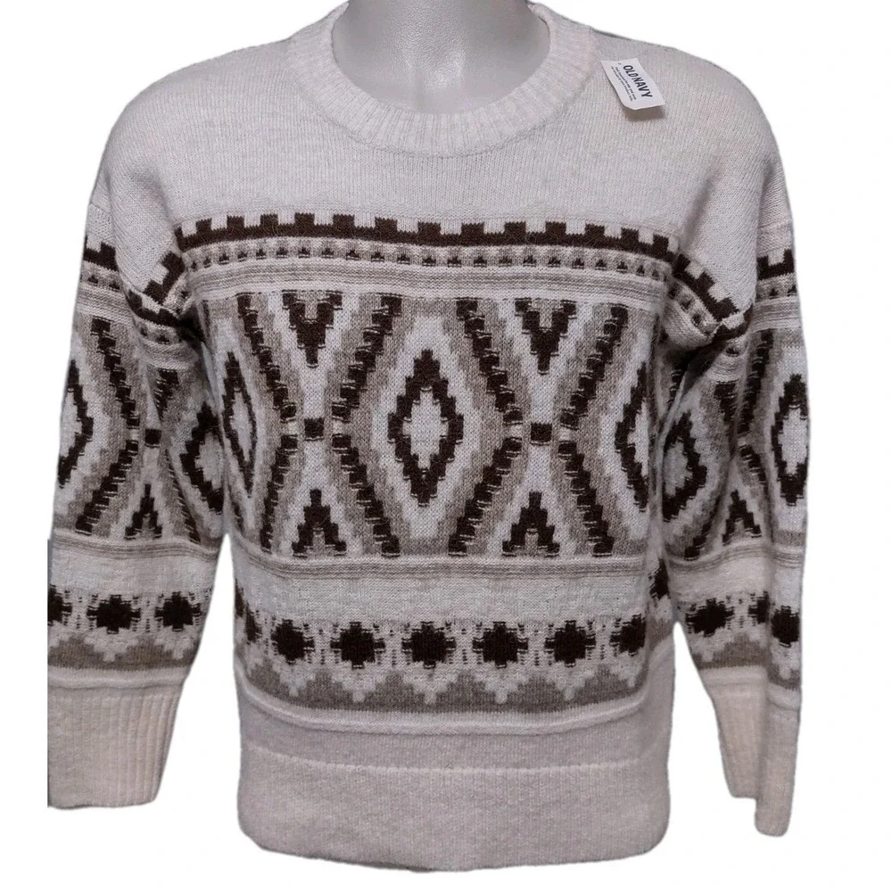 Old Navy Sweater Size M Mens Southwestern Boho Cabin Core Tan Geometric Crewneck
